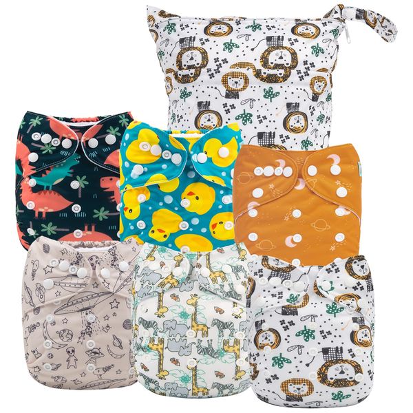 ALVABABY 6pcs Cloth Diaper Covers &1 Wet Dry Bag, Washable Reusable Cloth Diaper Shell for Prefold with Multi-Functional Bag, Flat or Fitted Diaper Inserts 6NKZ04