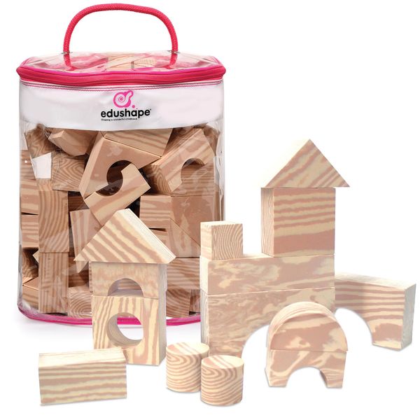 Edushape Wood-Like Soft Baby Blocks for Toddlers 1-3, 80 Pieces Regular Size - Easy Storage in PVC Bag - Edu-Blocks Soft Blocks Foam Blocks - Stacking Blocks Building Blocks for Daycares and Preschool