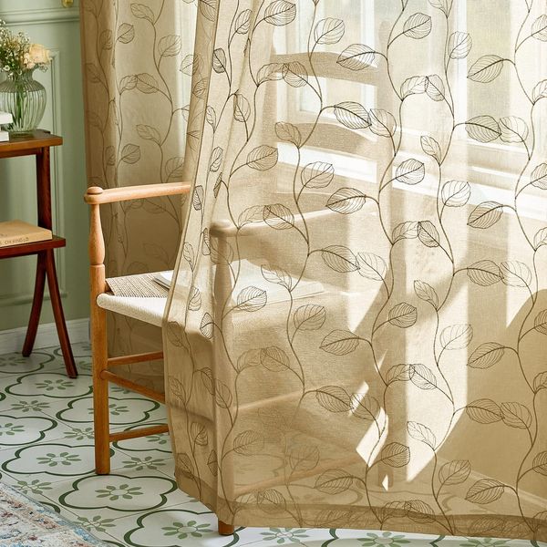 Lazzzy Gold Sheer Curtains Leaf Embroidered 63 Inch Length for Living Room Bedroom Rod Pocket Voile Window Drapes 2 Panels