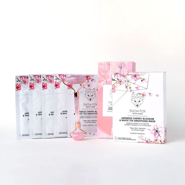 SNOW FOX SKINCARE Rose Quartz Facial Roller Sheet Mask Set (Sakura Mask Set)