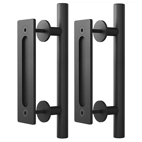 (2 Pack) Haritoft 12" Sliding Barn Door Handle Pull and Flush Hardware Set, Flat Back-Plate Design, Rustic Black