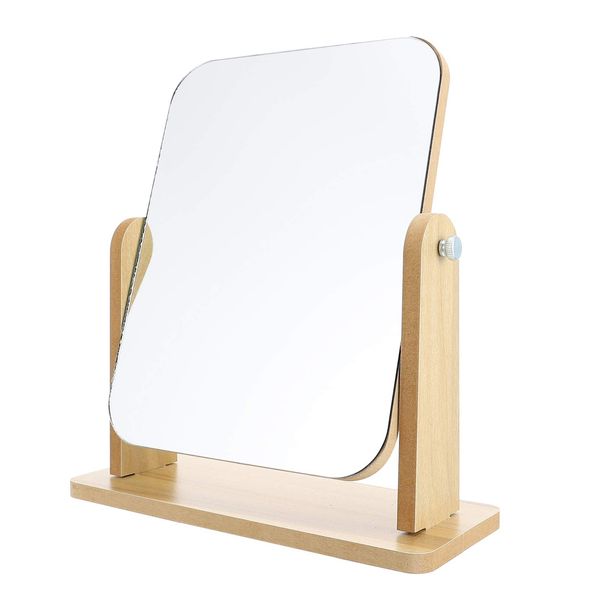 Lurrose Mirror, Tabletop Cosmetic Mirror, Folding 360 Degree Rotating Natural Wood Base Makeup Mirror, Table Mirror, Tabletop Mirror, Small Rectangle