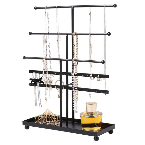 MyGift Matte Black Metal T Bar Jewelry Stand Organizer with Ring Tray, 3 Bracelet and Necklace Bars and 2 Earring Storage Hanger Bars for 18 pairs of Earrings