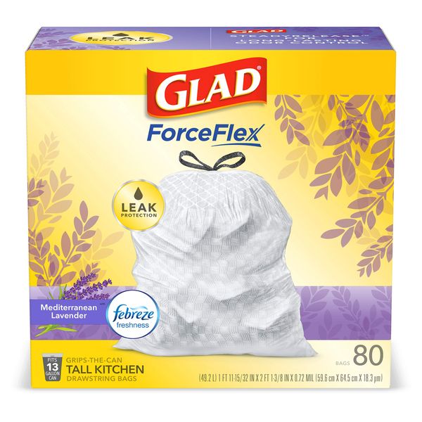 Glad OdorShield Tall Kitchen Drawstring Trash Bags - Febreze Mediterranean Lavender - 13 Gallon - 80 Count