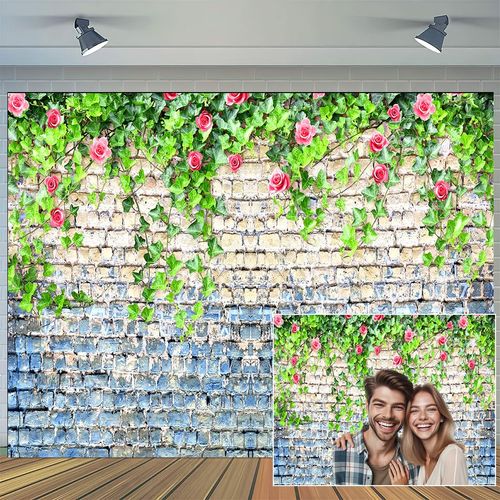 10x8ft Brick Wall Flowers Backdrop Green Leaves Wedding Bridal Shower Birthday Party Banner Background Supplies