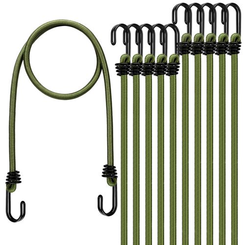30" Green Bungee Cords with Hooks: 10 Pcs Bungee Cords Heavy Duty Outdoor, Bungie Cord Bundle Assortment with Metal Hook, Bungee Straps for Kayaking, Camping, Garage Storage