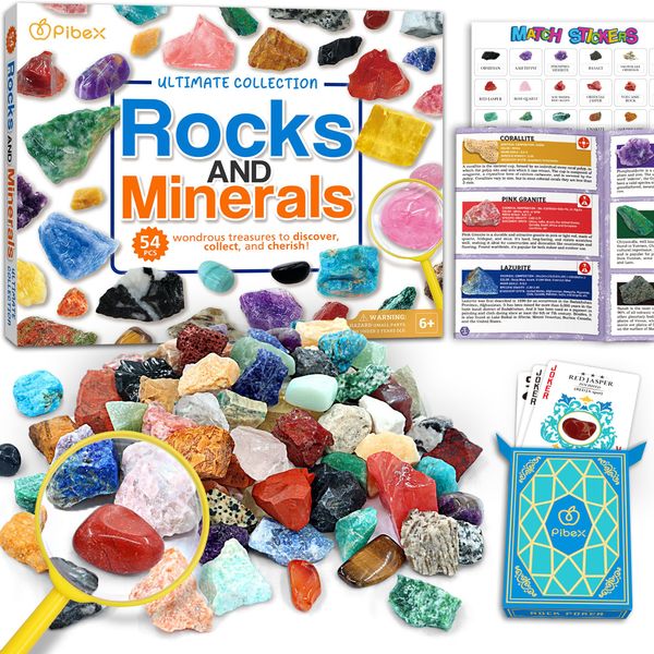 PIBEX Rock Collection Starter Kit - 54 Pcs Gemstones, Crystals, Rocks & Minerals with Collection Box and Playing Cards, STEM Science Kit Toy, A Geology Gift for Boys & Girls Ages 8+