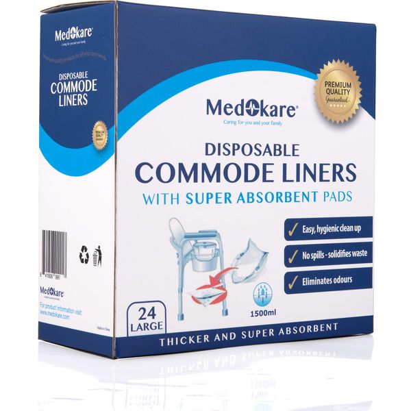 Medokare Commode Liners with Absorbent Pad, 24 Liners - Fits Any Standard Bedside Commode Bucket Potty or Toilet Commode Pail – Disposable Commode Liners for an Adult Commode Chair