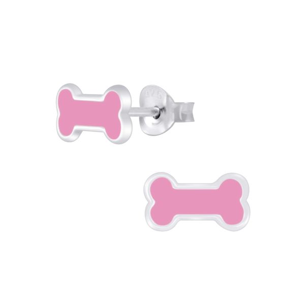 Girls Pink Dog Bone Sterling Silver Stud Earrings 9mm