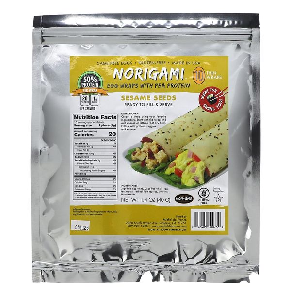 Norigami Egg Wraps with Pea Protein – Sesame Seeds. High Protein, Low Carb, Vegetarian. Thin Healthy Wraps -Certified Kosher, Non-GMO, Gluten Free -NOW Featuring 10 Wraps in a bag.