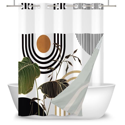 DASHAN No Hook Shower Curtain with Snap in Liner, Green Gold Boho Shower Curtains for Bathroom, Abstract Mid Century Modern Bathroom Curtain Hotel Fabric Bath Curtains 71"x74"