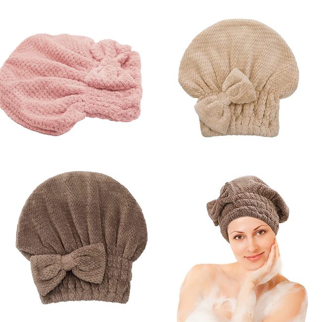 YYBtFbty Microfiber Hair Towel Caps for Women, 3 Pack Super Absorbent Hair Drying Towels Head wrap with Bow-Knot, Anti Frizz Hair Turban for Wet Curly Longer Thicker Hair (Beige+Pink+Coffee)