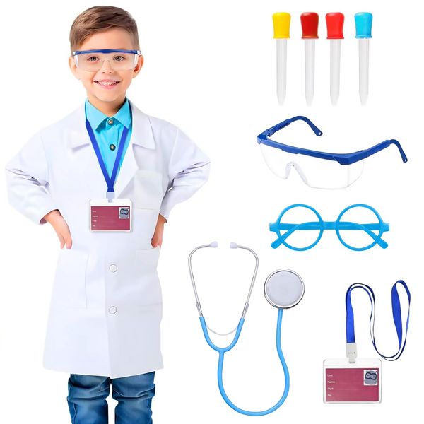 Aonuily Scientist Costume Kids, 9Pcs Doctor Costume Set White Lab Coat with Goggles ID Card Role Play Dress Up Accessories Student Experiment Toys for Boys Girls