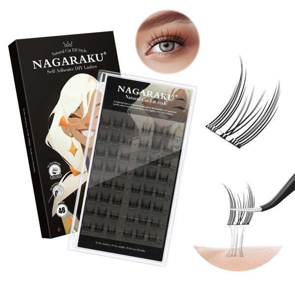 NAGARAKU Selbstklebende DIY Wimpernbüschel 48 Stück Kein Kleber Entferner Erforderlich Riederverwendbare Vorgeklebte Aufkleben Selbstklebende Büschelwimpern Natural Cat Elf (SA-08,0.07mm C 11-13mm）