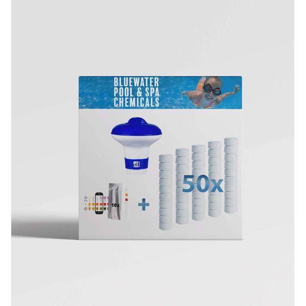 Bluewater Bromine 50 x 20g Tablets with Premium Adjustable Floating Dispenser and FREE 10 Water Test Strips - Essential Sanitiser for Crystal Clear Pool and Spa Water