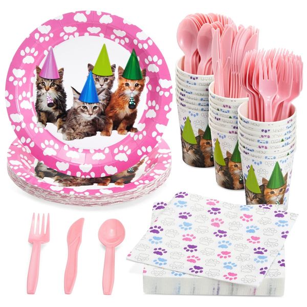 Juvale 144-Piece Kitten Party Supplies Set with Cat Birthday Paper Plates, 6.5-Inch Napkins, 9oz Cups, and Plastic Cutlery, Knives, Spoons, and Forks (Serves 24 Guests)