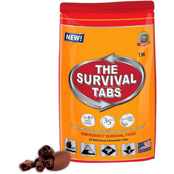 Survival food emergency survival tablets 2-days food supply 24 tabs emergency protein ration Gluten free non-GMO 25 years shelf life long term food storage - chocolate flavor