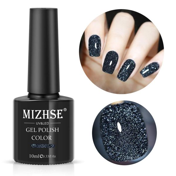 MIZHSE Diamond Gel Nail Polish, Reflective Glitter Gel Polish Set, Sparkly Shiny Gel Nail Art Varnish Manicure Kit, Soak Off LED Lamp, for Beginners DIY at Home (BD-005 Black)