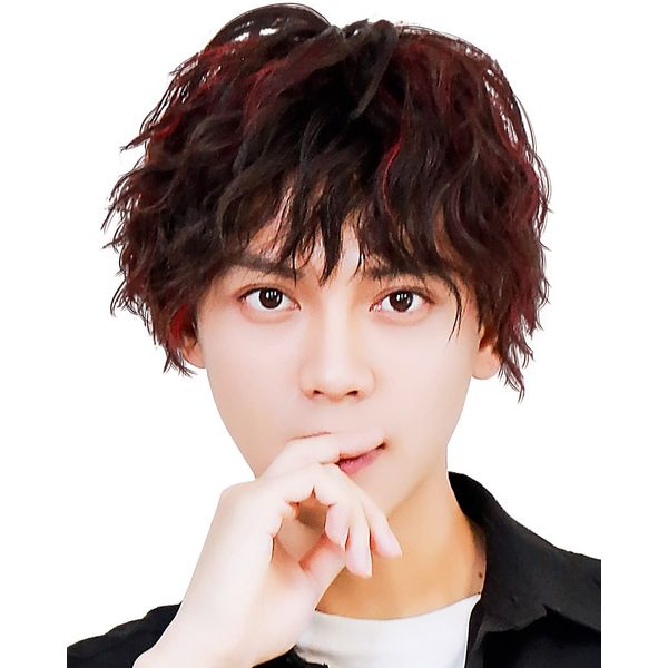 TefuRe MEN-004-BkRdM Men's Short Wig, Spiral Perm, Curl, Fluffy, Heat Resistant, Full Wig, Men's Clothing, Korean Matte Fiber, Natural, Wig Net Included, Black/Red Mesh