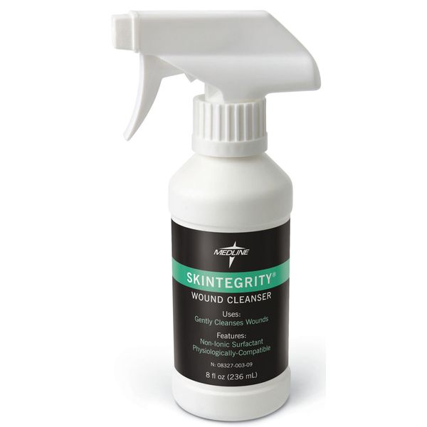 Medline Skintegrity Wound Cleanser, 8 ounce Spray Bottle, for wound cleaning, debridement, removing protein, pressure injuries, infected wounds, spray can be adjusted from mist to stream,White