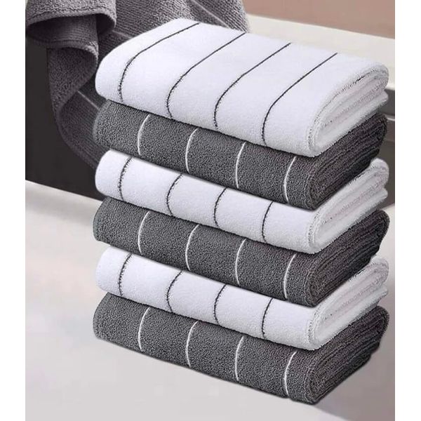 Microfibre kitchen Towel Pack of 5 Stripe Designed Grey and White Colours - Soft, Super Absorbent and Lint Free Kitchen Towels, Bar, Catering, Restaurant kitchen towel 25 x 25 cm tea towel