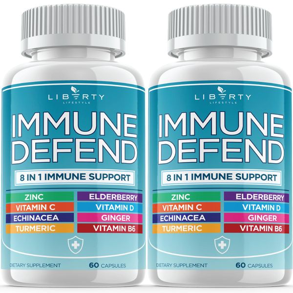 8 in 1 Immune Defense Support, Immunity Vitamins Supplement Booster with Zinc 50mg, Vitamin C Elderberry Vit D3 5000 IU, Turmeric Curcumin & Ginger, Echinacea - Allergy Relief for Kids Adults (2 Pack)