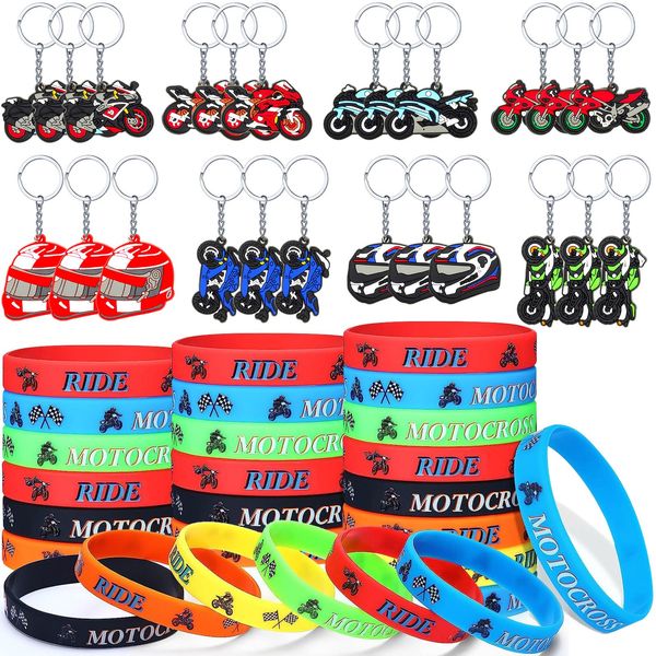 Aoriher 48 Pieces Dirt Bike Party Favors 24 Motocross Rubber Bracelets Wristbands 24 Motorcycle Party Keychains Dirt Bike Birthday Party Goodie Bag Fillers Classroom Rewards for Boys Girls