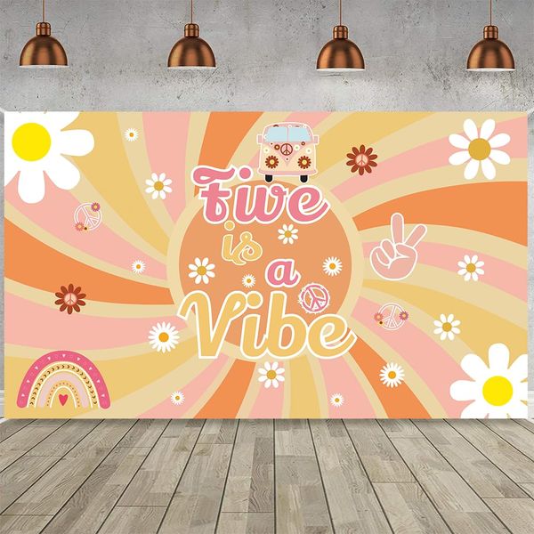 LOONELO Groovy Birthday Backdrop Banner with with 70.8X43.3inch,Five is A Vibe Birthday Backdrop Retro Hippie Boho Girl Birthday Party Backdrop Decorations for Daisy Floral Party 5 Years Birthday