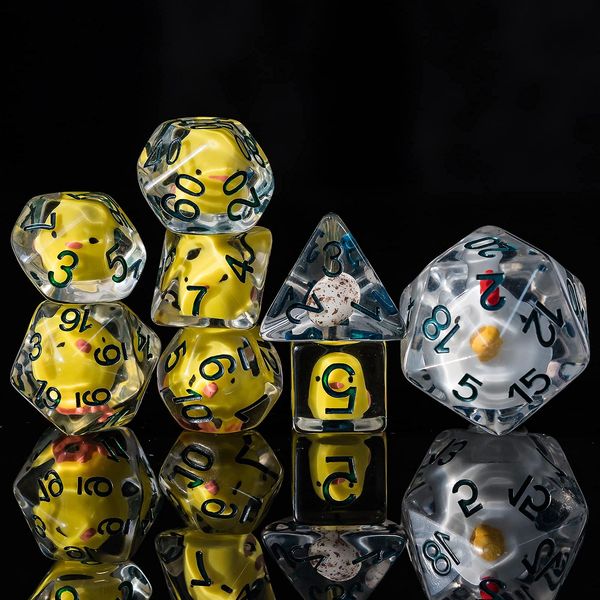 Cusdie 8-Die Dice DND, Polyhedral Dice Set Filled with Animal, for Role Playing Game Dungeons and Dragons D&D Dice MTG Pathfinder (8Pcs Yellow Chicken)