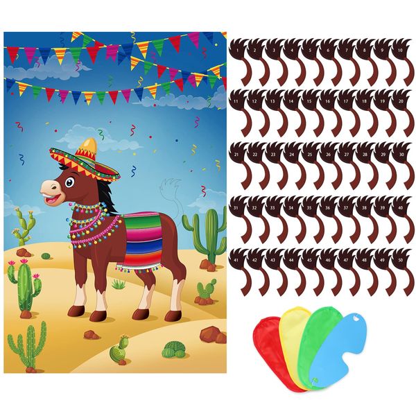 Fowecelt Pin The Tail on The Donkey Party Game, Mexican Donkey Game with 50 Tails and 3 Blindfolds, Cinco De Mayo Party Supplies, Mexican Fiesta Themed Party Decorations
