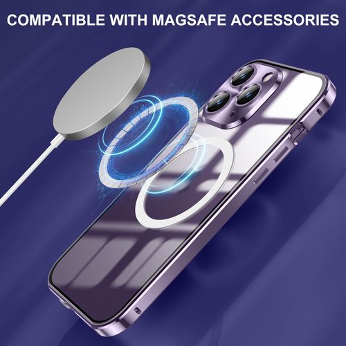 Jonwelsy Case for iPhone 14 Pro, 360 Degree Double-sided Protection Compatible with Magsafe Magnetic Adsorption Metal Bumper Front Tempered Glass Back Frosted PC Cover for 14 Pro 6.1" (Deep Purple)