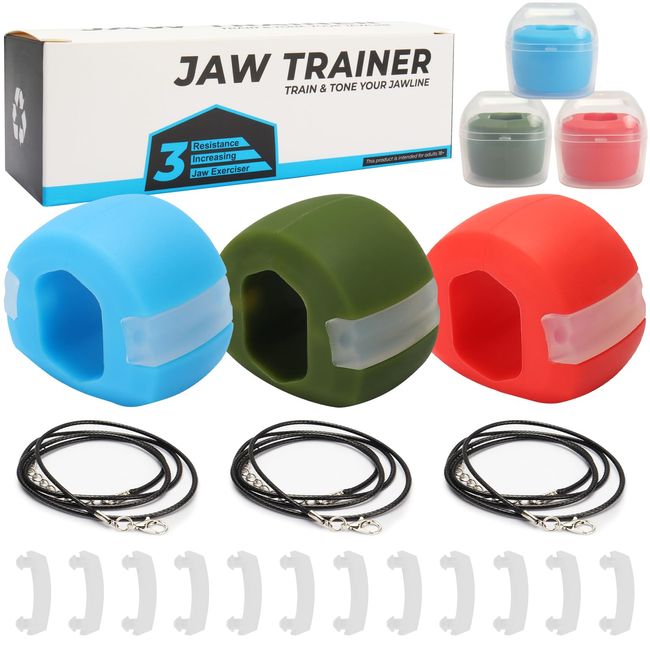 SZSMART Jaw Exerciser, Jawline Trainer - 3 Resistance Levels for Reducing Double Chin & Enhancing Defined Jawline - Includes 12 Additional Biting Strips & 3 Necklaces (Blue,Green,Red)