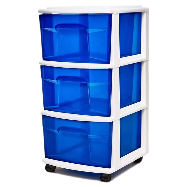 HOMZ 3-Drawer Cart Organizer with Removeable Wheels, Medium, White & Blue