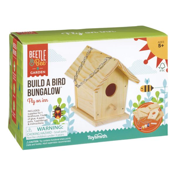 Beetle & Bee Build A Bird Bungalow - DIY Kid Art Craft Outdoor Birdhouse Kit, House Painting Kit for Kids, Hardware Glue Included- 4 Paints, 1 Brush, 7 Wooden Pcs, Chain For Tree Hanging Age 5+