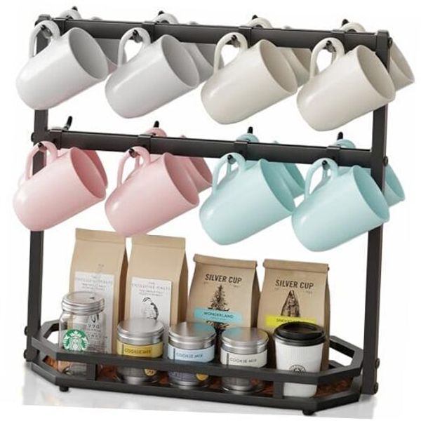 Coffee Mug Holder with Movable Hooks,16 Capacity Coffee Cup Holder for Black