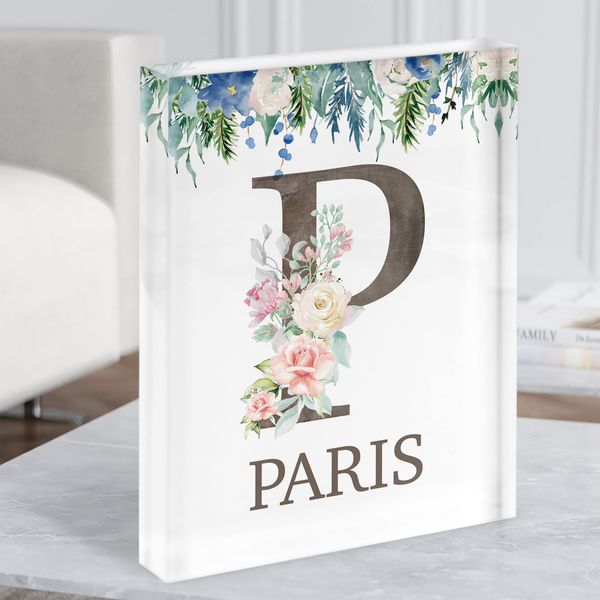 Fingerprint Designs Floral Any Name Initial P Personalised Acrylic Block