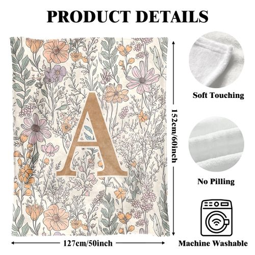 JXREQ Throw Blanket Initial Letter A Personalized Monogrammed Gifts for Women Teen Girls Frends, Boho Floral Throw Blankets for Bed Sofa Living Room Office, 50x60 Inch
