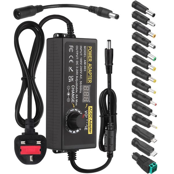 Universal Power Adapter 3V~24V 6A 144W DC Power Supply 3V 5V 6V 9V 12V 15V 16V 18V 19V 20V 24V Variable Power Supply 100V-240V AC to DC Converter with 14 Different Plugs & Polarity Converter