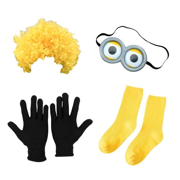 ANCLLO Set for Minions Costume, Goggle Eyes Glasses Fancy Wig Socks and Gloves Dress Costume Funny Decorative Yellow Men Cosplay Costume Party Supplies Decoration