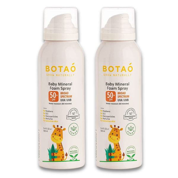 BOTAO Baby’s Mineral Sunscreen Foam Spray: SPF50 Broad Spectrum UVA UVB, Babies or Toddlers Sunburn Protection, Zinc Oxide, 3.4 Oz (2-Pack)