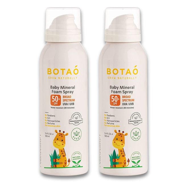 BOTAO Baby’s Mineral Sunscreen Foam Spray: SPF50 Broad Spectrum UVA UVB, Babies or Toddlers Sunburn Protection, Zinc Oxide, 3.4 Oz (2-Pack)