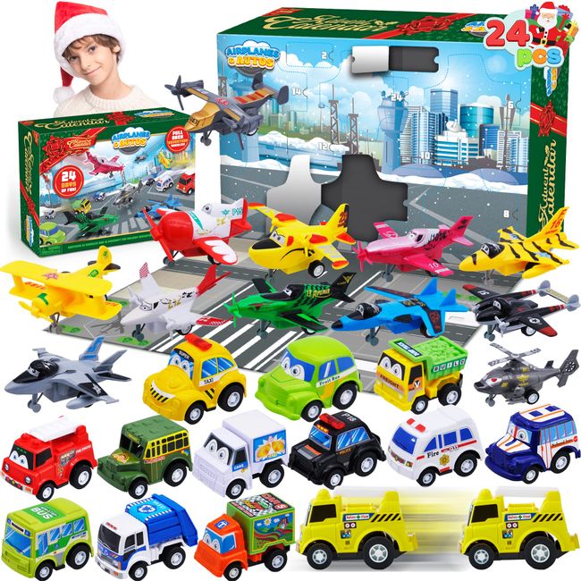 JOYIN 2022 Christmas Advent Calendar for Kids Boys, 24 Days Countdown Calendar with Pull-Back Cars Vehicles Airplane and Police Cars for Kids Party Favors, Classroom Prizes, Xmas Gift