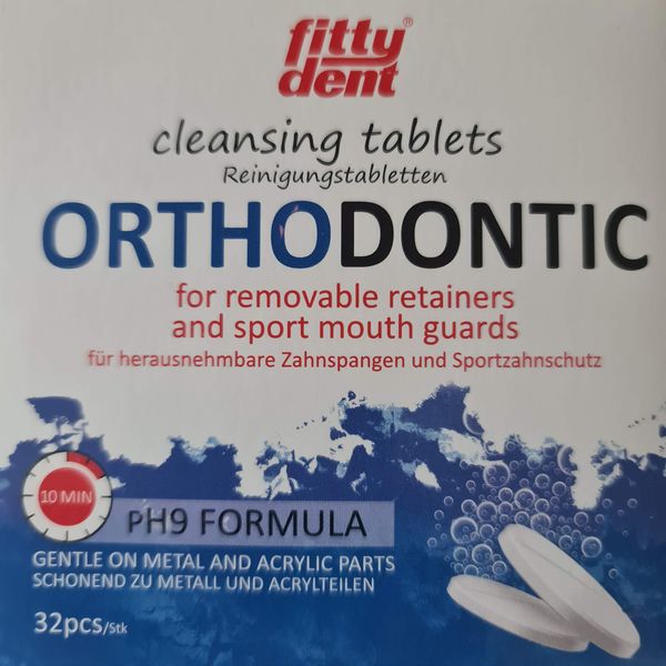 FittyDent Orthodontic Cleansing Tablets for Removable retainers and Sport Mouth Guards pH9 Formula