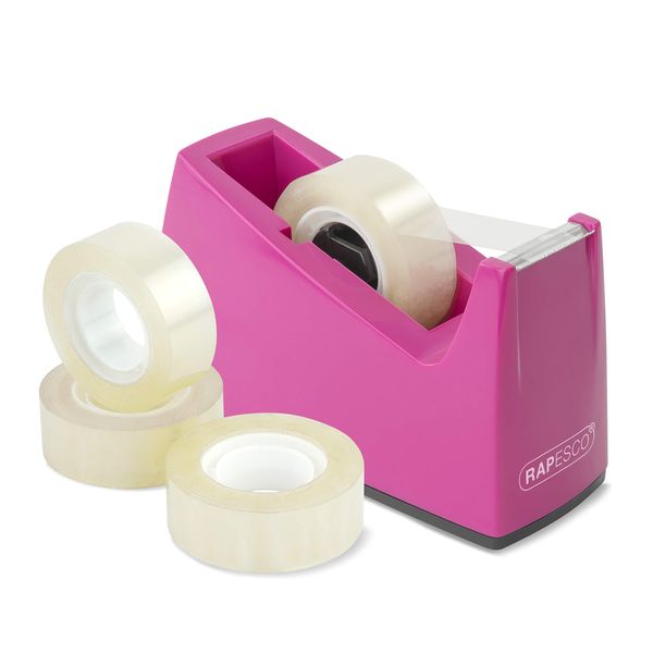 Rapesco 1621 300 Tape Dispenser and 4 Tape Rolls, Hot Pink