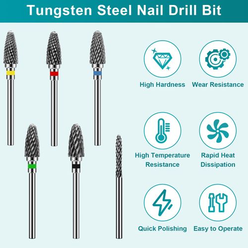 CGBE Nail Drill Bits, 6PCS Tungsten Steel Bit for Nails Set with Different Grit, 3/32 Inch Professional Nails Bits for Acrylic Nails, Efile Nail Drill Bits with Corn-shaped Head for Nails