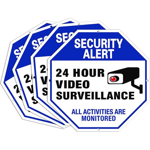 Video Surveillance Sign, 4-Pack 10"x10" Security Camera Sign, Reflective and 24