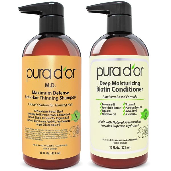 PURA D'OR Anti-Thinning Biotin Shampoo & Conditioner Set, Maximum Defense Coal-Tar Strong Scented DHT Blocker Hair Thickening Products For Women & Men, Daily Routine Shampoo For Scalp Health, 16oz x 2