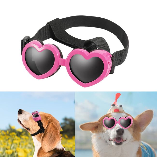 Sonnenbrille für Hunde UV Schutzbrille Hundebrille Winddicht Verstellbare Herzform Hundebrille Antibeschlagbrille & Wasserdichter für Kleine Hunde (Rosa)