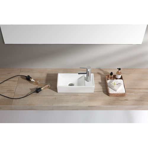 Home Supplies – Modern Bathroom Cloakroom Basin Sink, Counter Top Space Saving Wall Hung White Ceramic Basin for Bathroom, Vanity Cabinet. (TAP ON Right) 100X410X215mm (LxWxD)