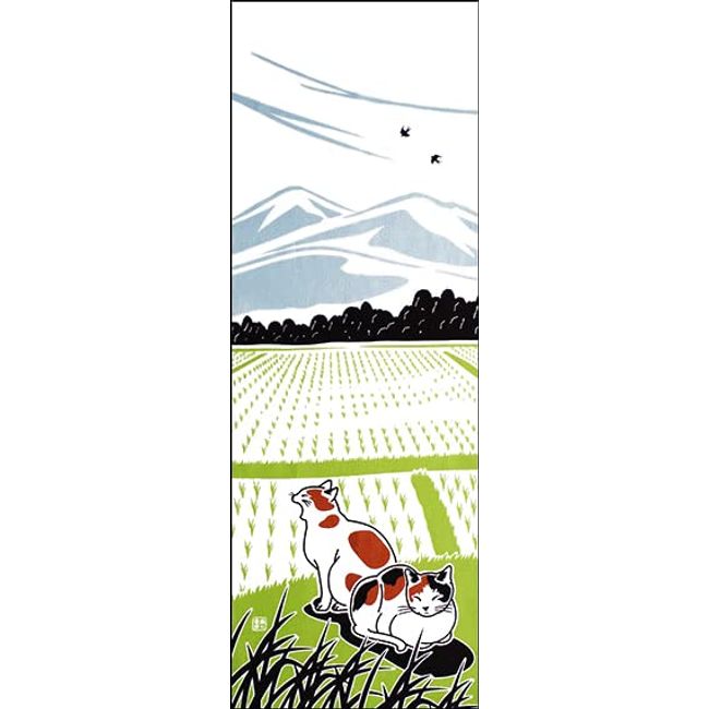 Somenoanbo Tenugui "Cat in the Paddy Fields" 100% Cotton Tokuoka, Made in Japan, 13.8 x 39.4 inches (35 x 100 cm)